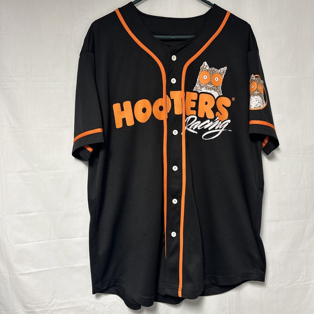 Hooters Racing Men's XL 00 Baseball Jersey Black/Orange Short Sleeve Button Up